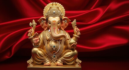 Fototapeta premium Golden Ganesh Idol with Jewelry Against Luxurious Red Silk Background