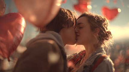 A romantic couple in a loving embrace on Valentineâs Day, surrounded by heart-shaped balloons, capturing the essence of love and togetherness in a joyful, festive atmosphere. roman