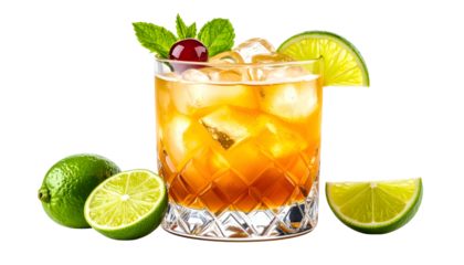 Golden cocktail with ice, garnish, and limes on a black backdrop