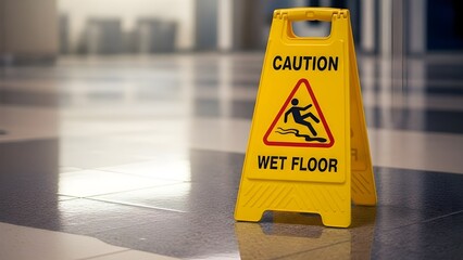 Yellow "Caution Wet Floor" sign on reflective tiled surface in public indoor space, highlighting safety warning and slip hazard with bold text and slipping pictogram.