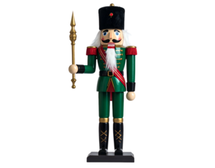 A wooden figure, in green and red uniform, with a golden staff, standing tall on a black base