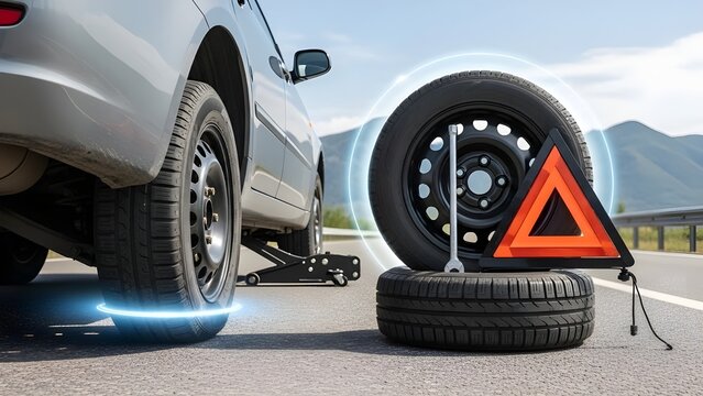 Roadside tire change with car jack, spare tire, lug wrench, and warning triangle&mdash;highlighting vehicle emergency preparedness and road safety.