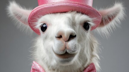 Fototapeta premium Close-up of a white llama wearing a pink top hat and bow tie, smiling at the viewer