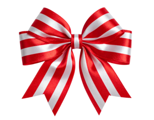 A close-up of a decorative, striped red and white ribbon bow with a glossy finish