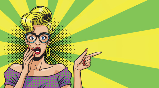 A beautiful woman is scared and shows pop art style on a colored background