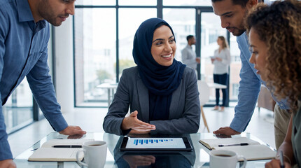 Smiling businesswoman in hijab leading diverse team meeting around tablet with financial graphs in modern bright open plan office