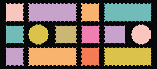 Zig zag wavy shape frames. Circles and rectangles with wavy zigzag edges. Silhouette stickers circle, square, oval and rectangle labels. Set of wavy edge frame.