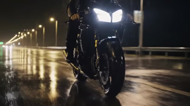 Dark motorcycle speeding on wet road at night, headlights shining brightly through the rain