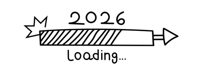2026 rocket loading bar doodle hand-drawn icon. Hand drawn loading symbol. Vector illustration.