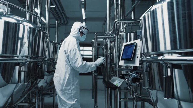 technician in protective suit and mask using digital tablet inside pharmaceutical plant, stainless steel tanks, industrial biotechnology