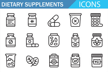 Dietary Supplements Outline Icons Set for Health and Wellness Design