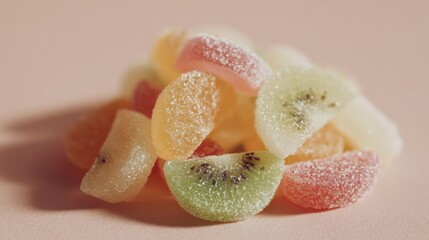 Close-up of a pile of colorful candies. the candies are in various shapes and sizes, including slices of kiwi, orange, pink, and yellow.