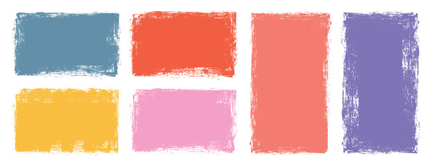Vector set of grunge colorful paint frames. Grungy brushes collection. Rectangle brush collection. Bold texture distressed rectangular brush strokes. Textured backgrounds for badges, labels, banners.