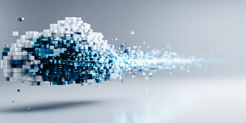 A modern digital cloud computing concept visualized with geometric cubes and spheres in an evocative display of technological innovation and data management.