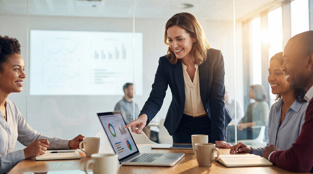 Businesswoman presenting analytical data on laptop to diverse team during a corporate meeting in modern office conference room - Powered by Adobe