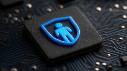 A blue and black image of a man with a shield on a circuit board