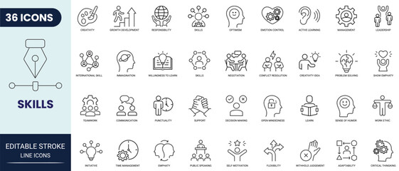 Skills line icon set. Includes communication, empathy, assertiveness, personality, problem-solving, creativity, punctuality, work ethics, and more. Editable stroke. Full Vector. © Gretta