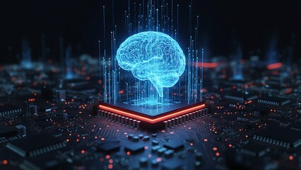 Artificial intelligence concept with a glowing brain integrated into a futuristic circuit board