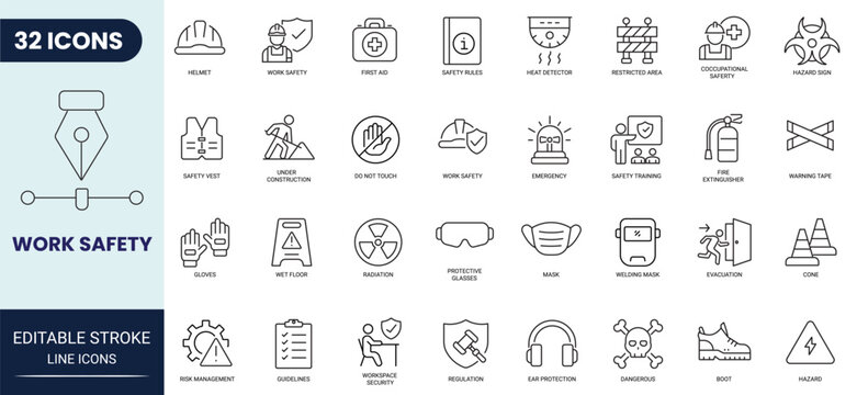 Work safety line icon set. Includes safety training, Safety first, hard hat, insurance, first aid kit, risk management, regulation, and more. Editable stroke. Full Vector.