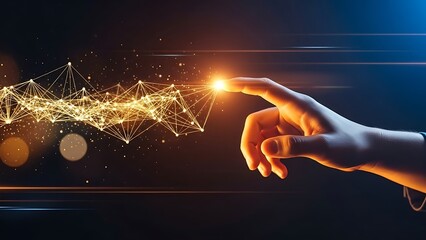 Human hand touching a glowing network of interconnected lines and dots representing digital data and innovation