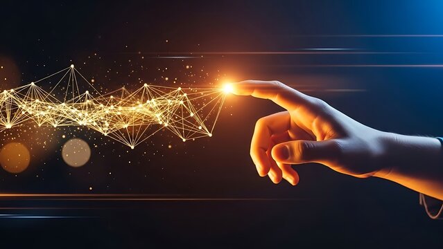 Human hand touching a glowing network of interconnected lines and dots representing digital data and innovation - Powered by Adobe