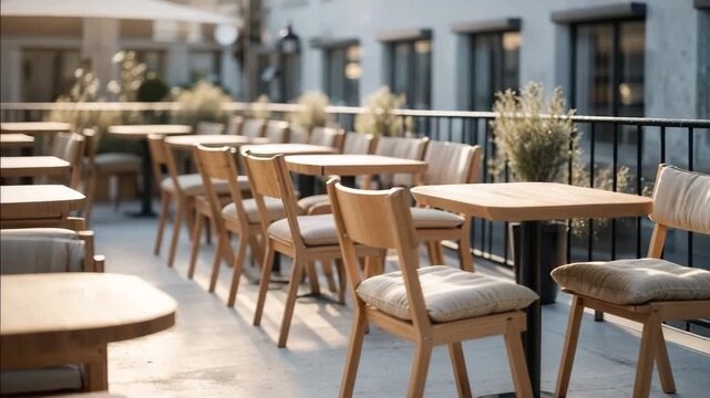 Outdoor seating area with wooden tables and chairs in a sunny city location