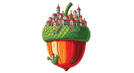 A whimsical illustration of an acorn city with detailed architecture © Minara