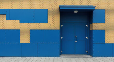 Modern blue door entrance set in a geometric pattern of beige brick and blue panels, creating a bold urban architectural facade