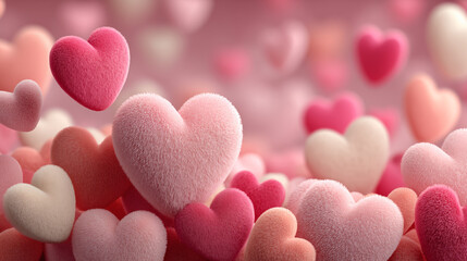 Close-up macro photography of velvety, textured hearts in pink and cream tones. A bright pink heart pops in the foreground against a softly blurred pastel background