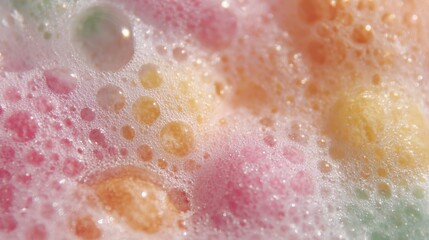 Fototapeta premium Close-up of a colorful, textured surface. the surface appears to be made up of small, circular bubbles in various shades of pink, orange, yellow, and green.