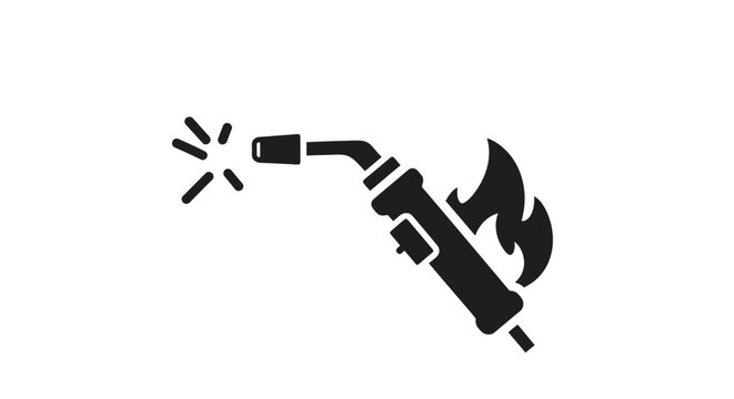 Black and white illustration of a welding torch emitting sparks and flames