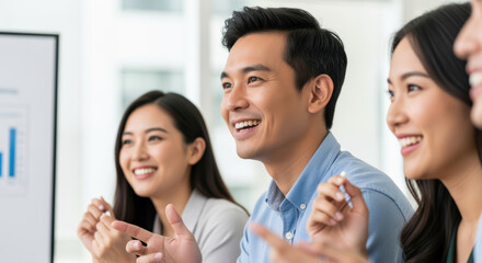 Young professionals engaged in a collaborative business meeting, discussing corporate growth and innovation in a modern office setting