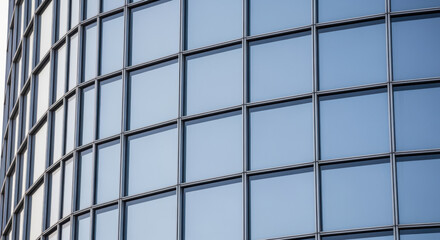 Curved glass building facade with reflective windows creating geometric abstract pattern in modern architecture exterior design