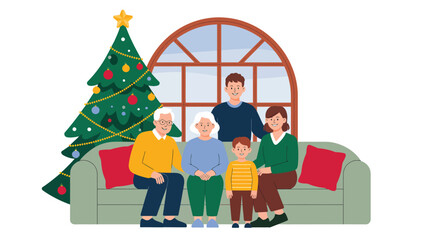 happy family sitting together on sofa near decorated christmas tree at home, cozy winter holiday celebration scene in flat illustration style for festive greeting, tradition and seasonal concept