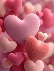 Close-up macro photography of velvety, textured hearts in pink and cream tones. A bright pink heart pops in the foreground against a softly blurred pastel background