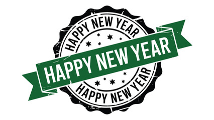 Obraz premium happy new year green ribbon badge with vintage stamp style typography, festive holiday emblem isolated on white background for celebration, greeting card, branding and decoration use