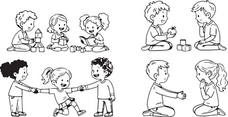 Children Learning Cooperation, Sharing, and Social Skills Through Play – Early Childhood Development Illustration