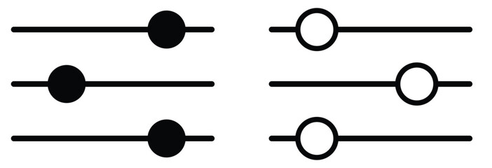 slider control icons three horizontal slider bar icons with round knob different positions one flat solid monochrome one thin black outline black and white one full color flat icon 