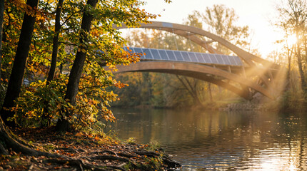 Sunlit wooden bridge over calm autumn river with golden forest foliage and soft morning rays through tranquil misty landscape