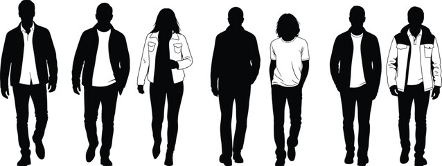 Group of diverse people walking forward silhouette figures modern urban fashion crowd isolated on white background concept leadership unity diversity