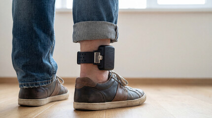 Naklejka na ściany i meble Man wearing electronic ankle monitor in home interior, close up of monitoring device on leg with rolled up jeans and casual shoes