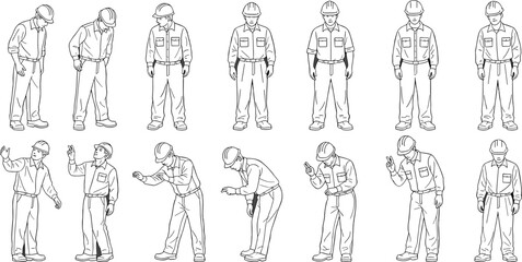 Construction worker line art, industrial labor poses set, safety helmet illustration, technician gestures, engineering workforce outline isolated white background design