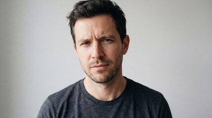 Confident young man in casual grey t shirt standing against plain light background with thoughtful serious facial expression