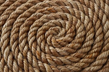 Detailed close-up view of natural fiber rope coiled tightly in a mesmerizing spiral pattern
