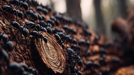 Close-up of ants swarming on a fallen log in a forest, emphasizing teamwork