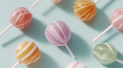 Obraz premium Group of colorful lollipops on a light blue background. there are six pops in total, each with a unique design and color. the pops are arranged in a scattered manner, with some overlapping each other.