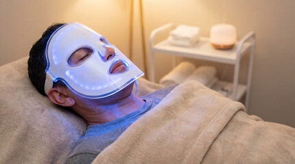 man relaxing during led light therapy facial treatment while lying in spa bed under blanket in calm wellness clinic room
