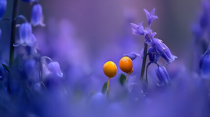 Close-up of bluebell flowers with two yellow spherical objects in a soft-focus environment