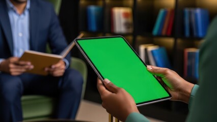 Person holding tablet with green screen in front of man sitting