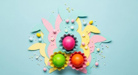 Bright colorful eggs in flower shaped cups with pastel paper leaves and candy sprinkles on light blue festive background